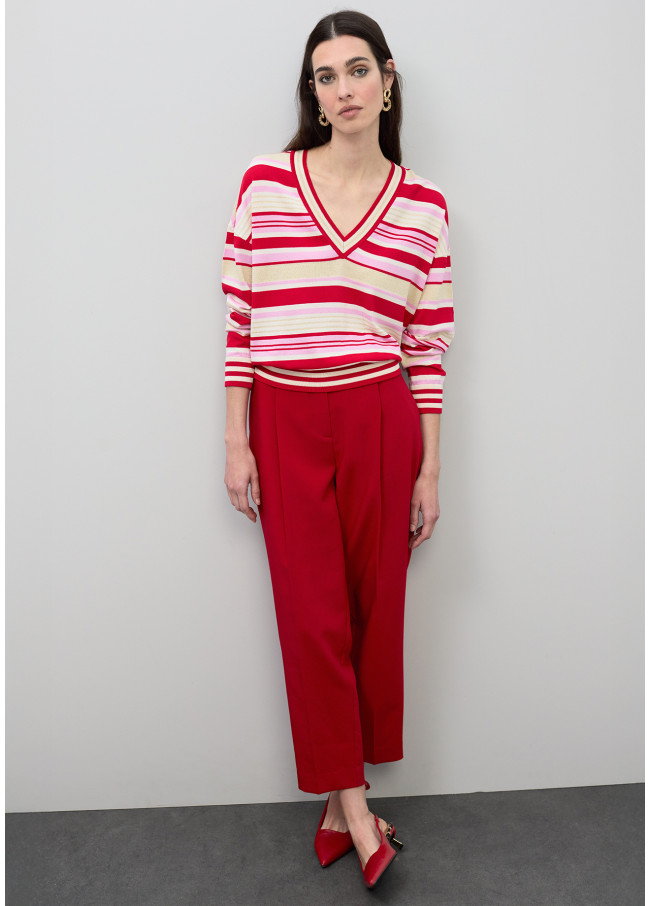 V-neck Tricolor Striped Sweater