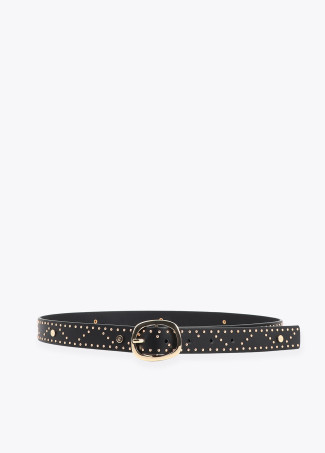 Belt with Logo-Stamped Studs and Metallic Applications.