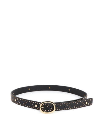 Belt with Logo-Stamped Studs and Metallic Applications.