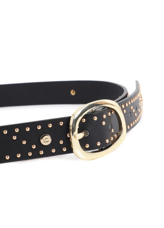 Belt with Logo-Stamped Studs and Metallic Applications.