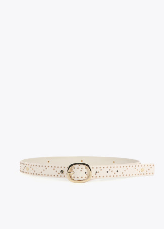 Belt with logo-embossed studs and metallic applications