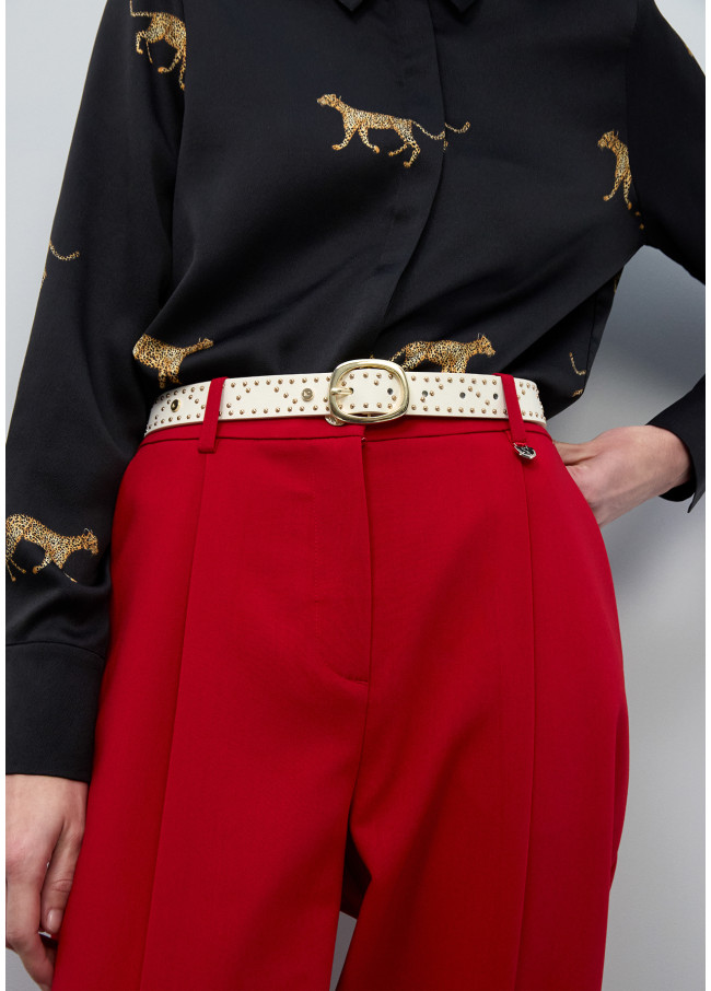 Belt with logo-embossed studs and metallic...
