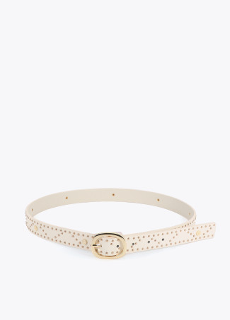 Belt with logo-embossed studs and metallic applications