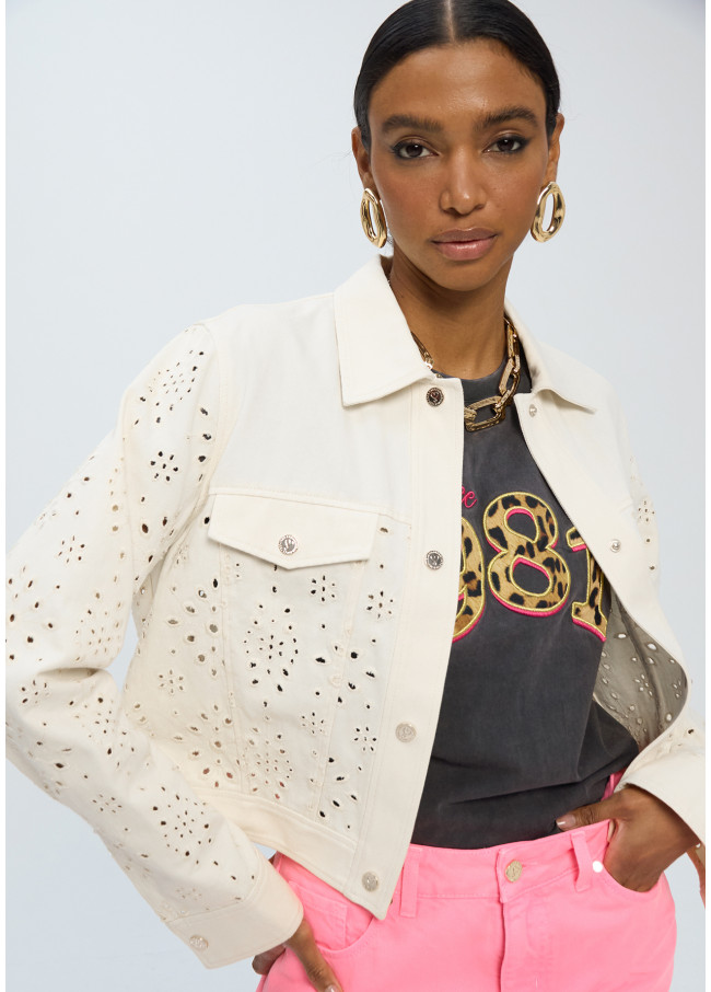 Giacca in stile denim in twill con ricamo inglese