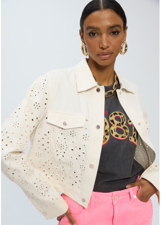 Veste style denim en sergé avec broderie anglaise