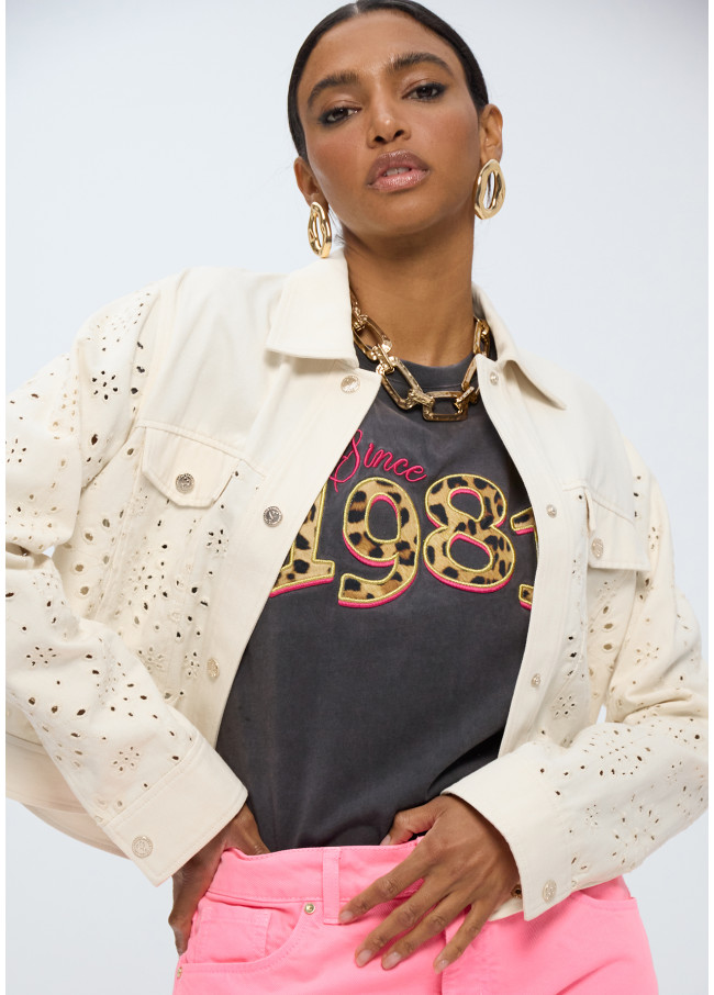 Veste style denim en sergé avec broderie anglaise