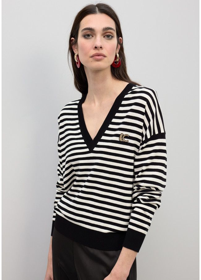 Bicolor Stripe V-Neck Sweater