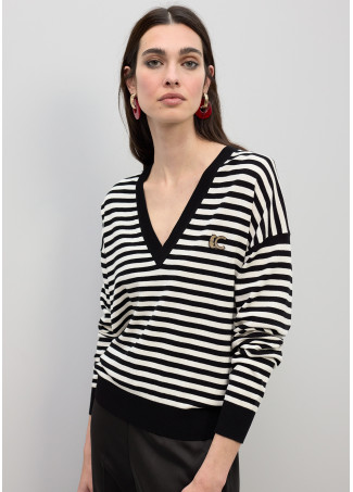 Bicolor Stripe V-Neck Sweater