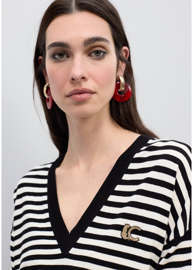 Bicolor Stripe V-Neck Sweater