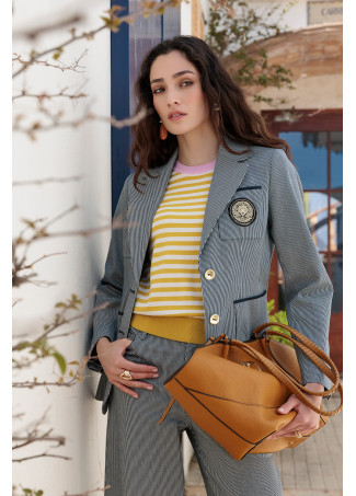 Tailored Striped Blazer with Crest on Pocket