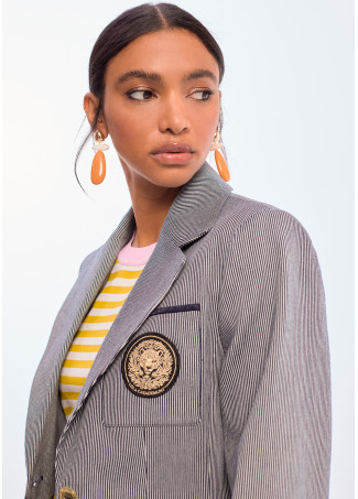 Tailored Striped Blazer with Crest on Pocket