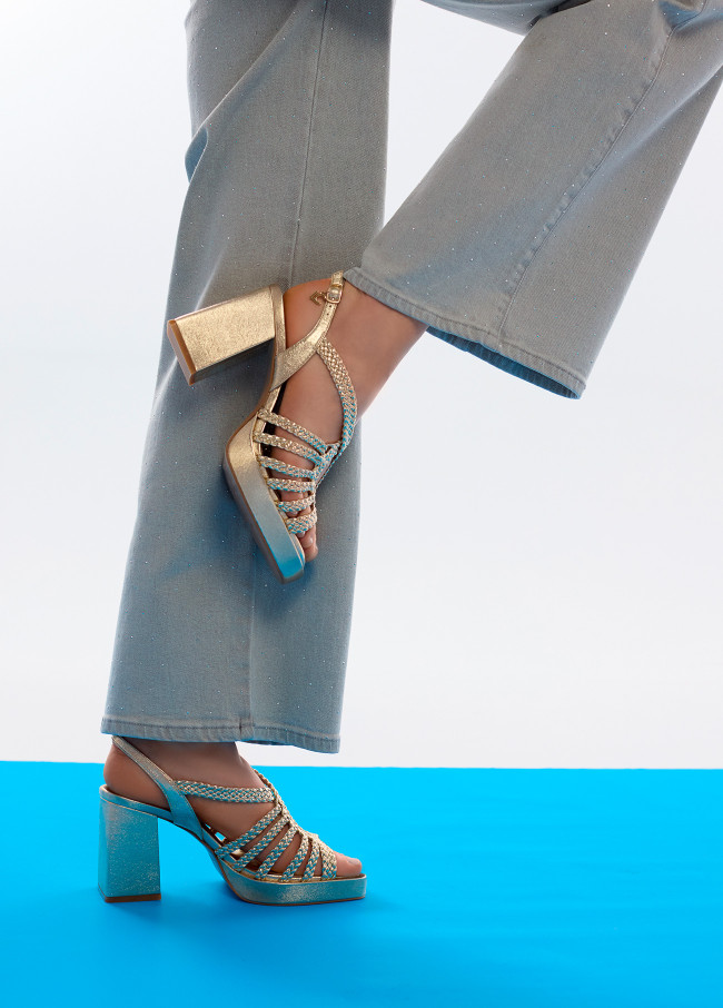 Metallic Heel Sandal with Braided Straps
