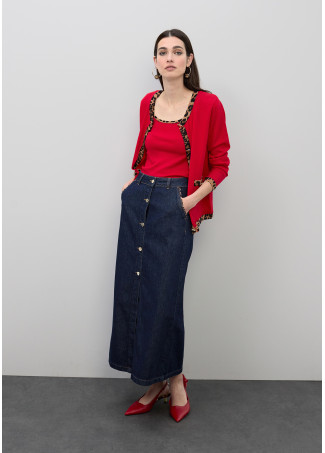 Falda larga denim con detalle vivos leopardo