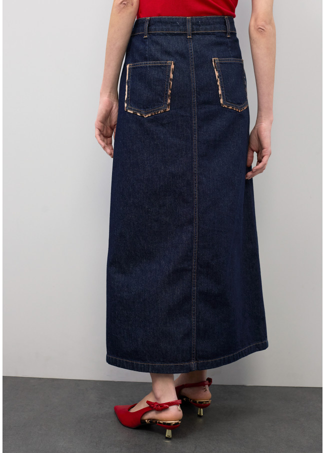 Saia Longa em Denim com Detalhes de Leopardo...