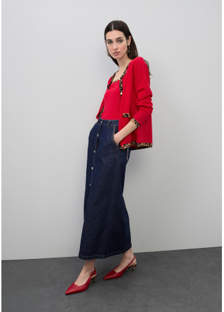 Langer Jeansrock mit Leopardenbesatz Details an den Taschen