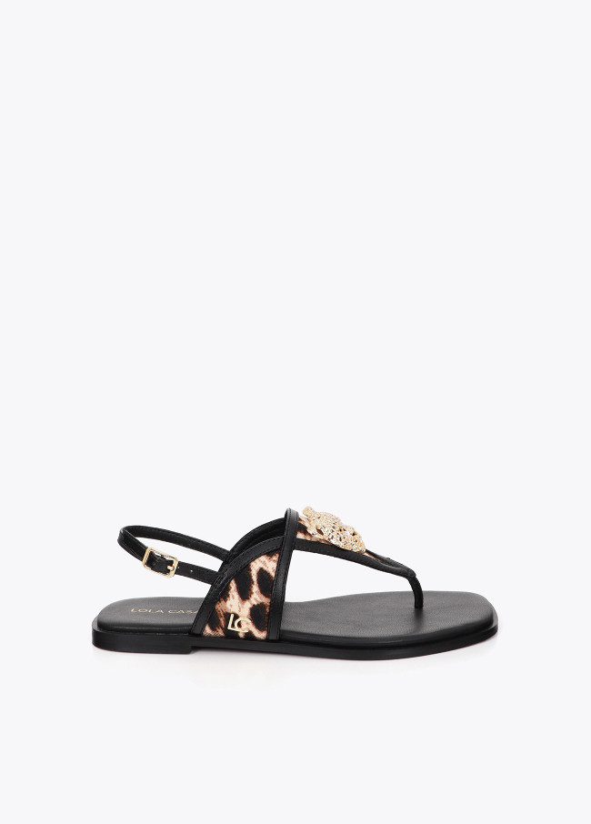 Flat Sandal with Animal Print and Metallic Detail