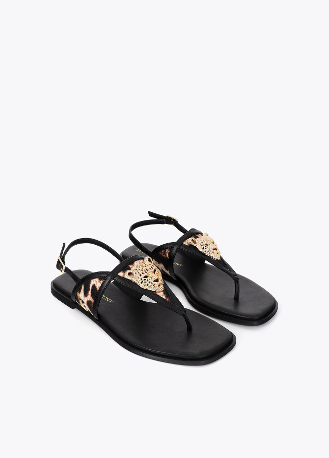 Flat Sandal with Animal Print and Metallic Detail