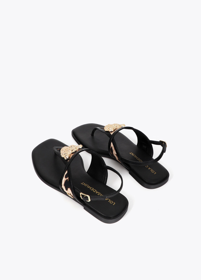 Flat Sandal with Animal Print and Metallic Detail