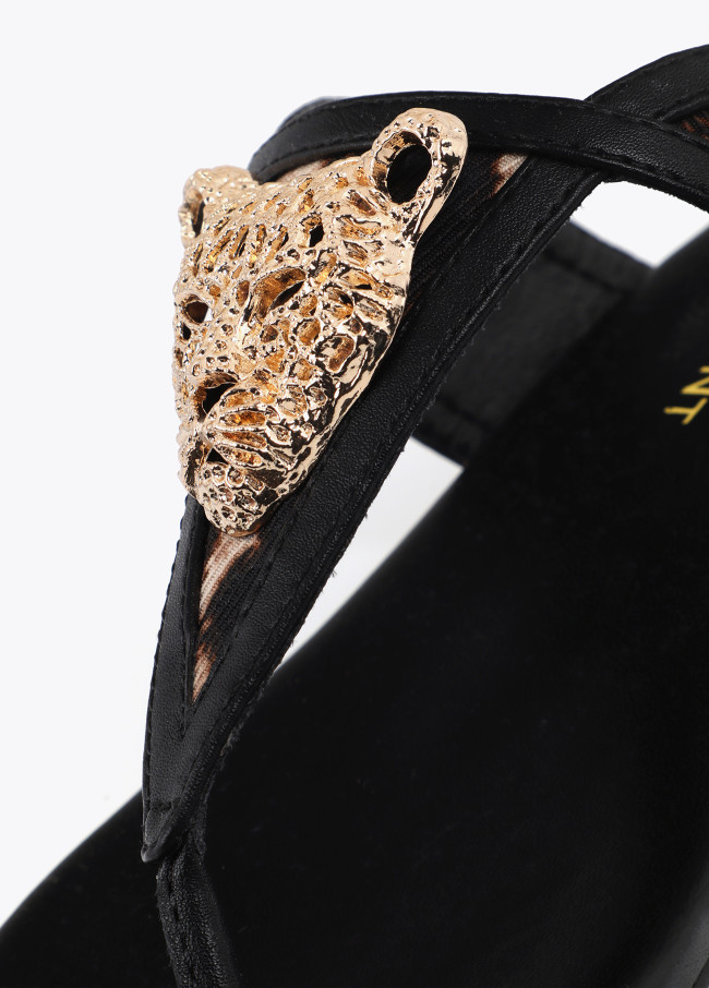 Flat Sandal with Animal Print and Metallic Detail