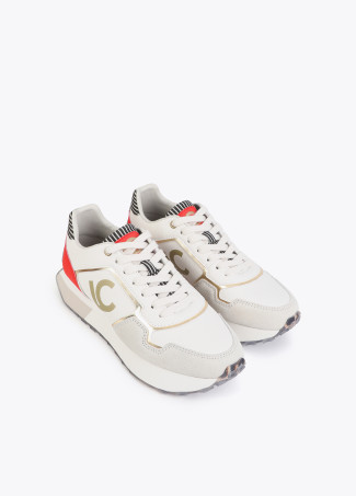 Tricolored Platform Sneaker with Combined Fabrics and Leather Details