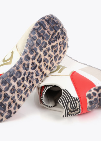 Tricolored Platform Sneaker with Combined Fabrics and Leather Details