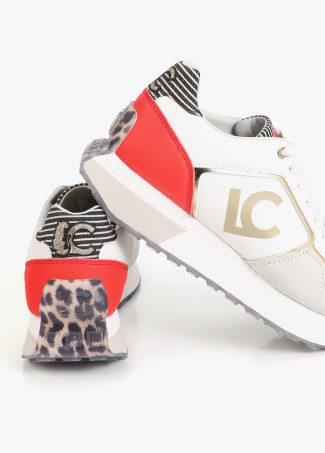 Baskets à plateforme tricolore en tissus combinés et détails en cuir