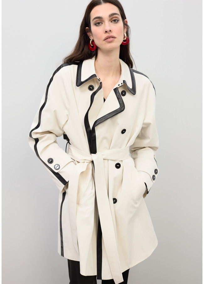 Trench con Contrasto in Finta Pelle con Maniche...