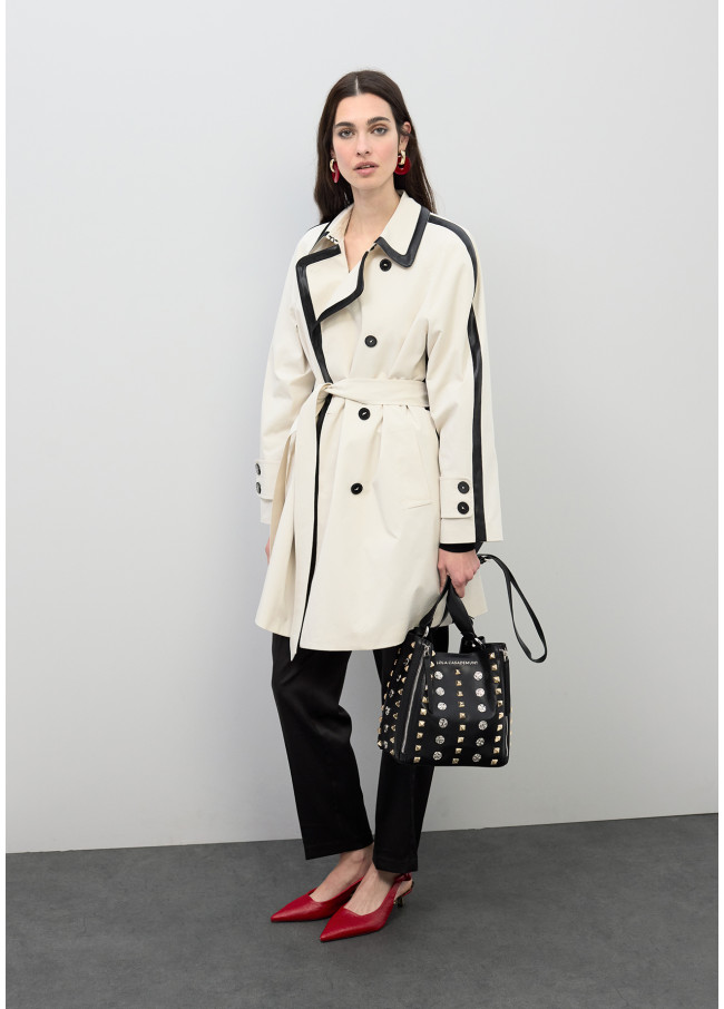 Trenchcoat mit Kontrast in Kunstleder und...