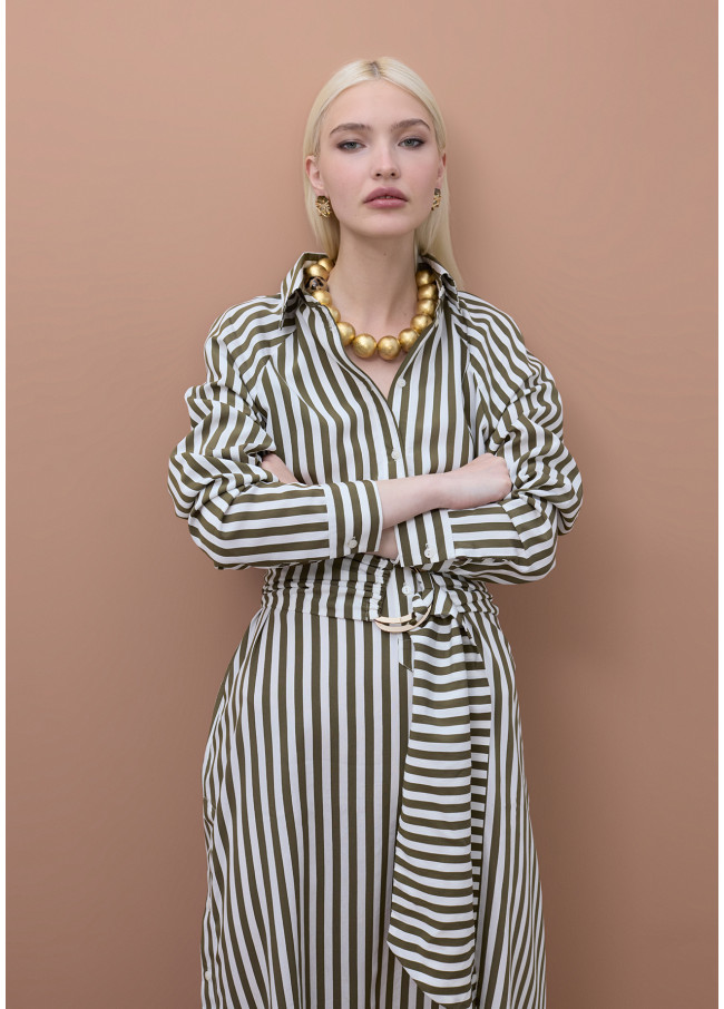 Robe Chemise en Popeline à Rayures et Ceinture