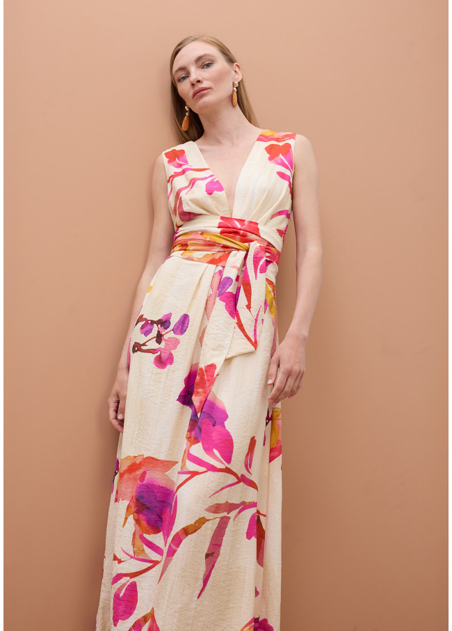 Vestido Decote em V com Cinto Ajustável e...