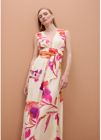 Vestido Decote em V com Cinto Ajustável e Estampa Floral