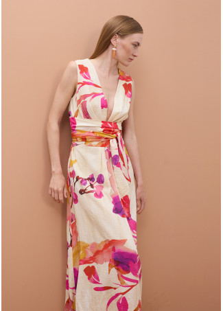 V-neck Dress with Adjustable Belt and Floral Print