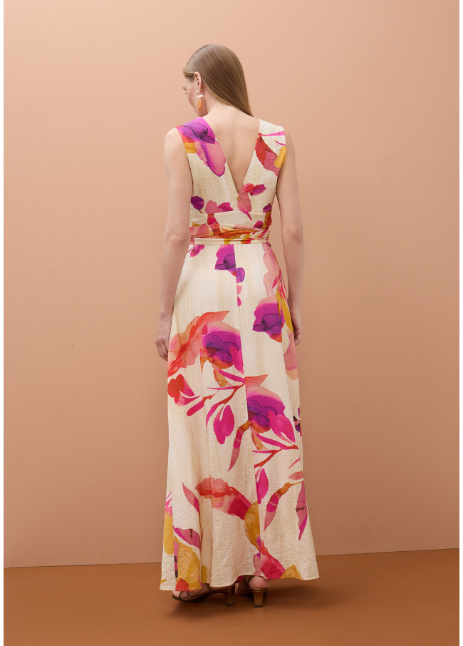 V-neck Dress with Adjustable Belt and Floral Print