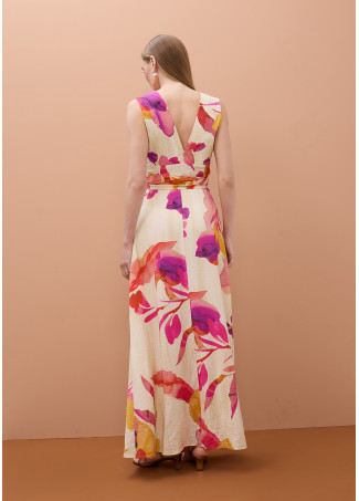 Vestido Decote em V com Cinto Ajustável e Estampa Floral