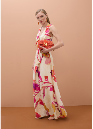 Vestido Decote em V com Cinto Ajustável e Estampa Floral