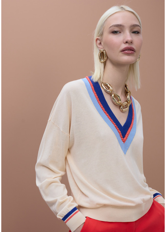 Jersey cuello pico a contraste y detalle trenza