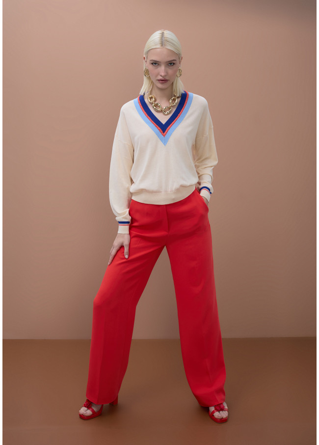 Jersey cuello pico a contraste y detalle trenza