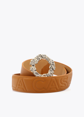 Textured Buckle Belt with Stitched Logo