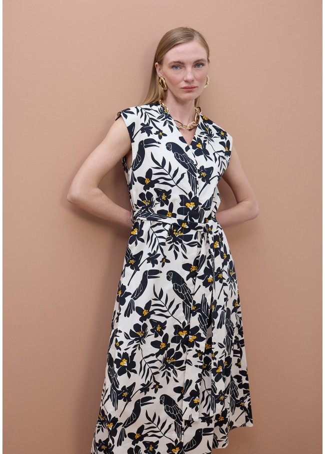 Parrot Leaf Print Poplin Dress