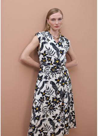 Robe en Popeline Imprimé Feuilles de Perroquet
