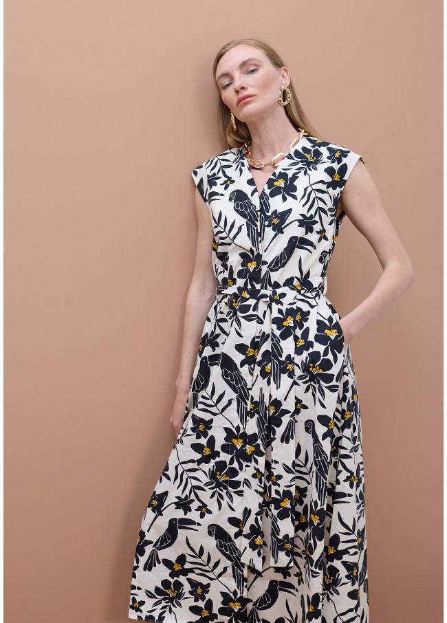 Parrot Leaf Print Poplin Dress