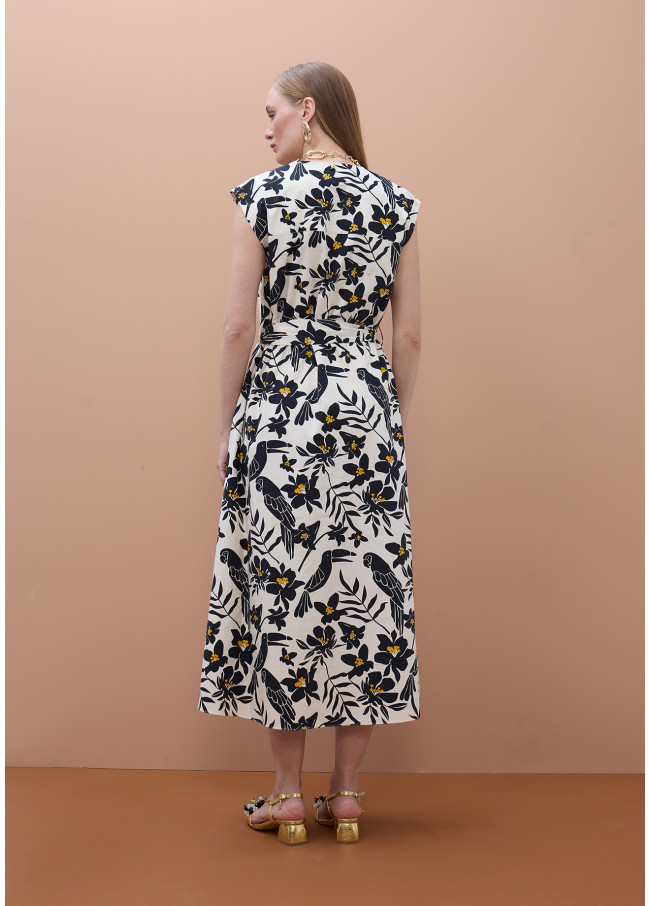 Parrot Leaf Print Poplin Dress