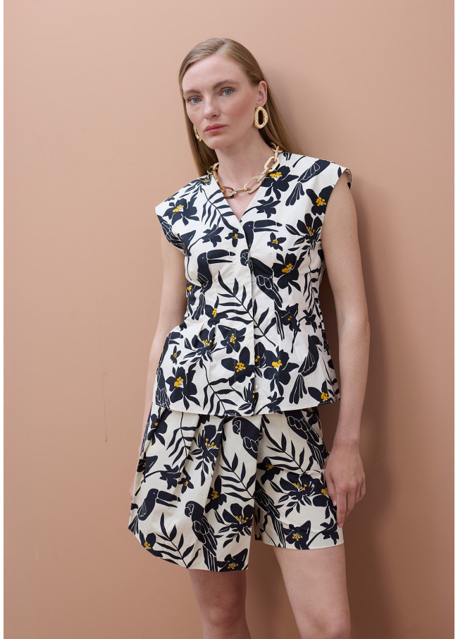 Parrot Leaf Print V-Neck Poplin Top