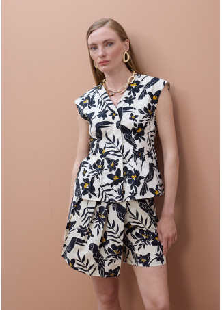 Parrot Leaf Print V-Neck Poplin Top