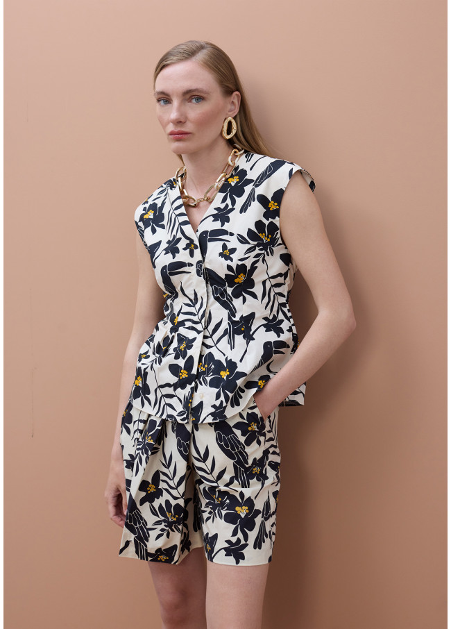 Parrot Leaf Print V-Neck Poplin Top