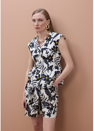 Parrot Leaf Print V-Neck Poplin Top