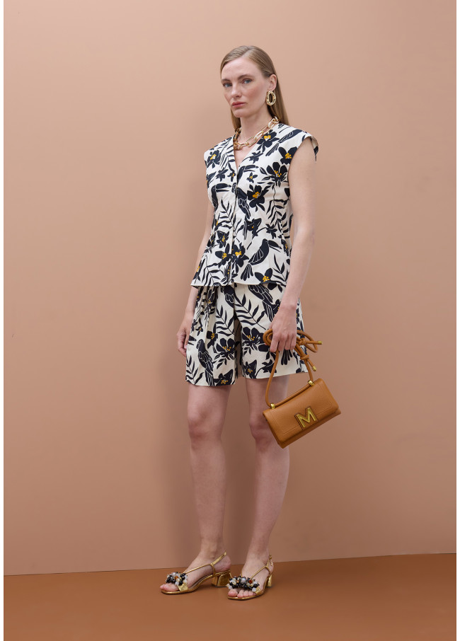 Parrot Leaf Print V-Neck Poplin Top