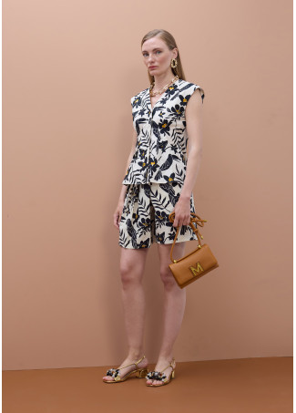 Parrot Leaf Print V-Neck Poplin Top