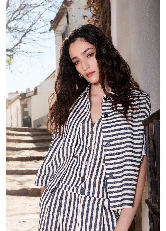 Short Sleeve Rustic Twill Striped Overshirt