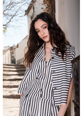 Short Sleeve Rustic Twill Striped Overshirt